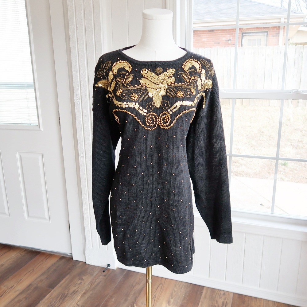 Vintage Womens Beaded Sequin Embellished Sweater‎ Sz L Knit Artsy 90s Forestcore